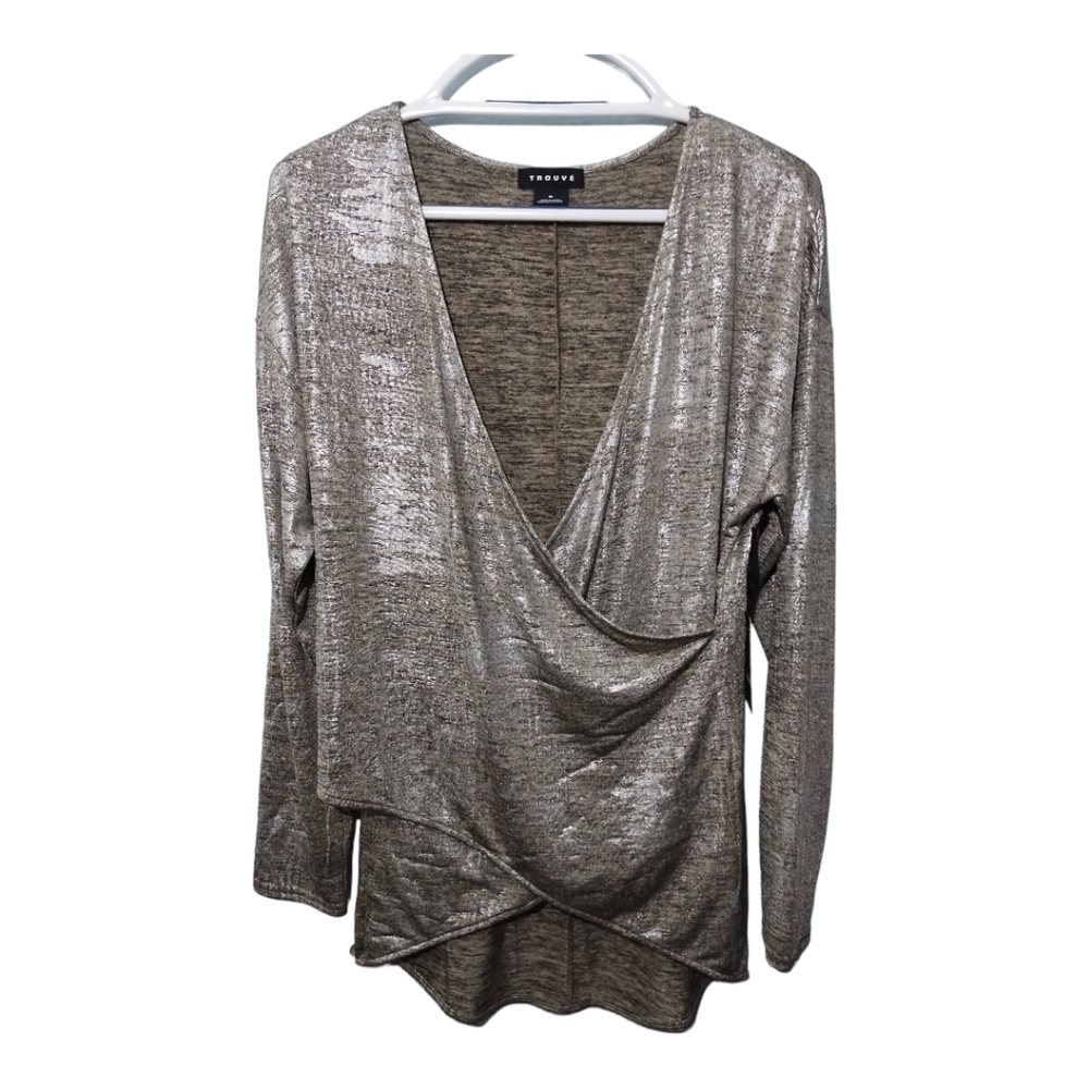 Trouve Gold Silver Metallic Surplice V neck Faux Wrap Top Blouse Size M